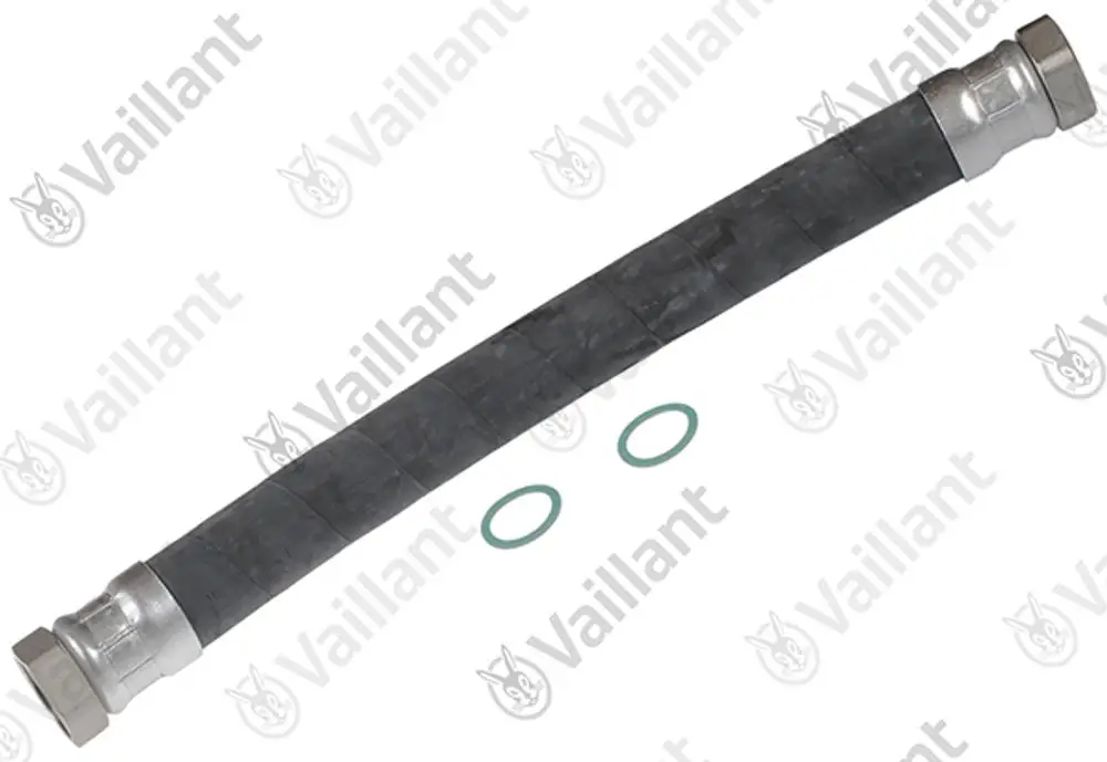 Flexibler Schlauch mit Metallanschlüssen und zwei Dichtungsringen von Vaillant. Der Schlauch hat eine gewellte Oberfläche und ist für bestimmte Heizsysteme geeignet.